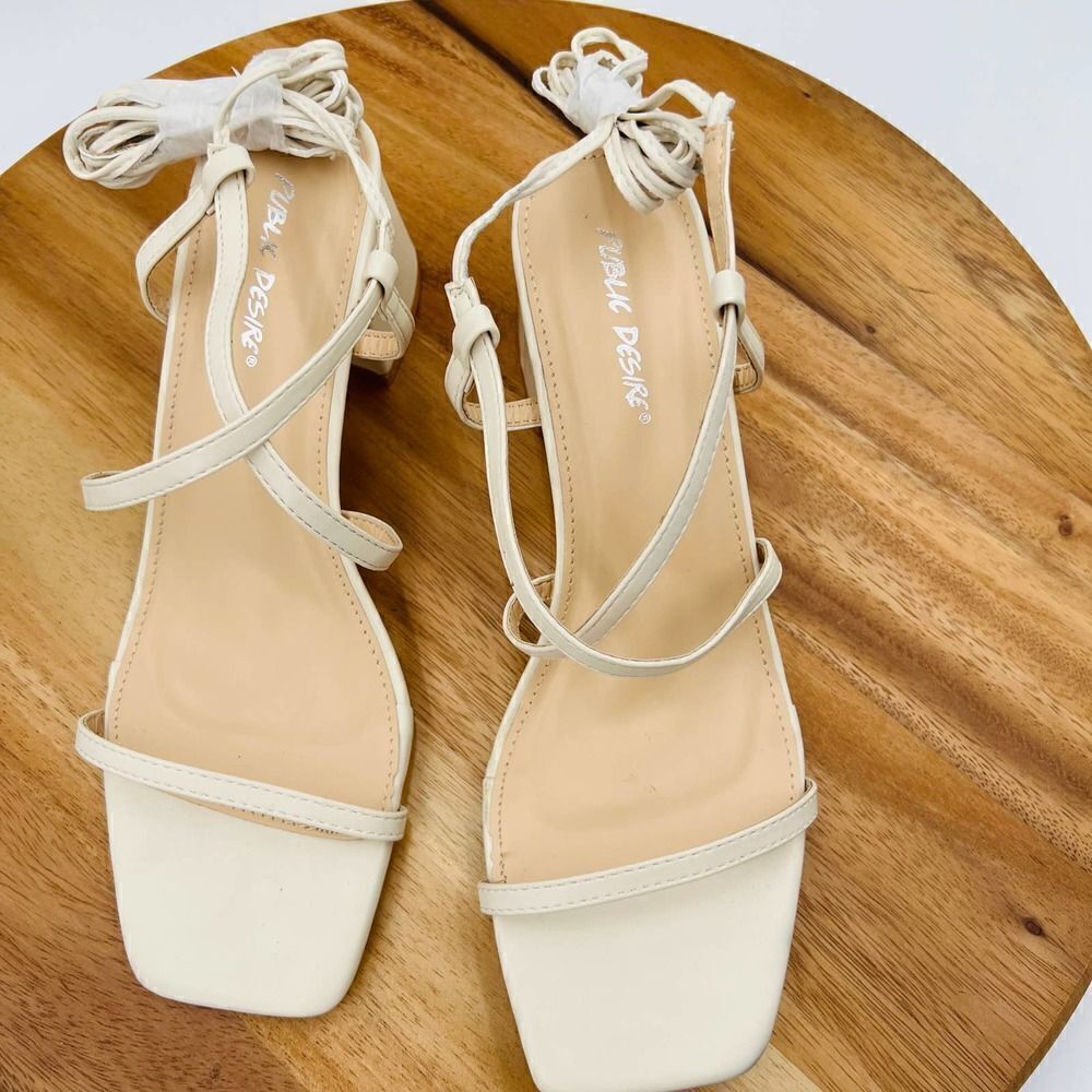 Public Desire Mabel Wide Fit Off White Ankle Tie Block Heeled Sandals Size UK 8W - Picture 6 of 13